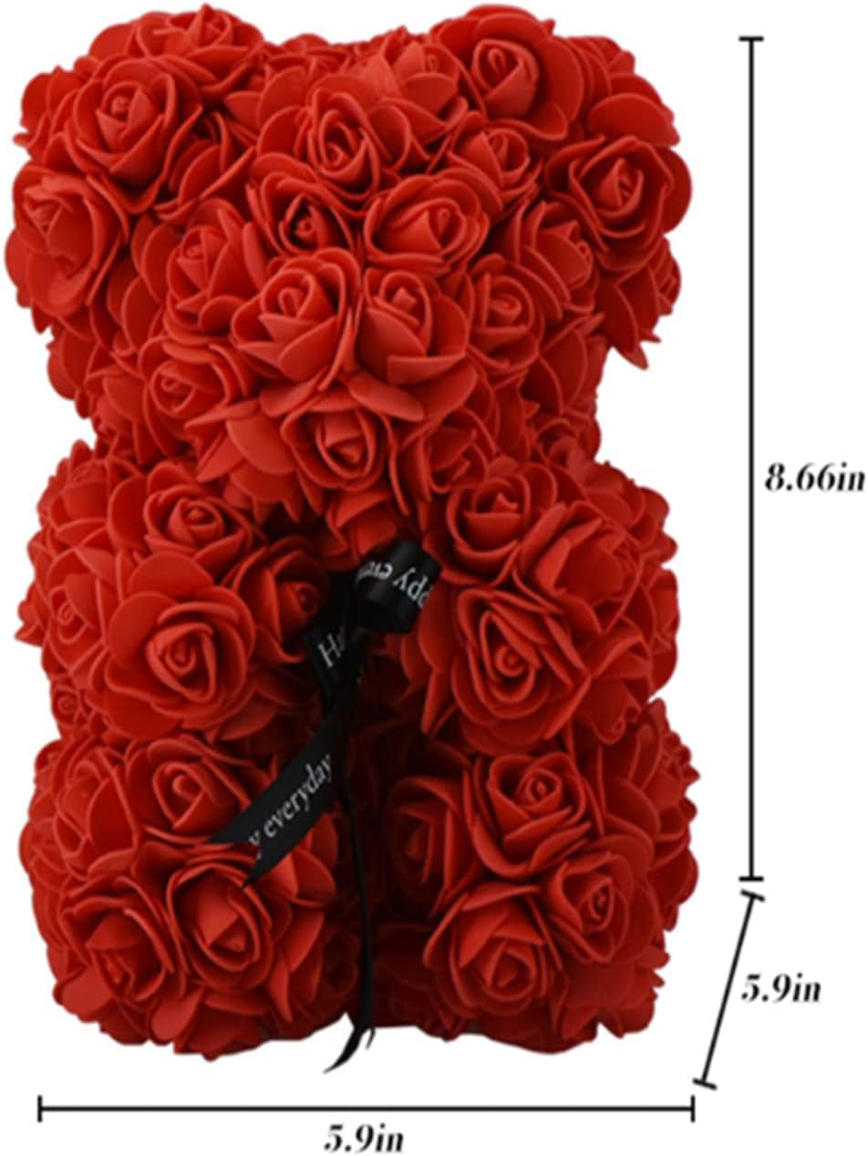 23Cm Rose Bear in Box Artificial Rose Flower Bear, Gift for Valentines Day, Wedding, Mothers Day and Anniversary (RED)