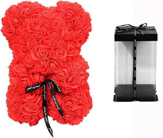 23Cm Rose Bear in Box Artificial Rose Flower Bear, Gift for Valentines Day, Wedding, Mothers Day and Anniversary (RED)